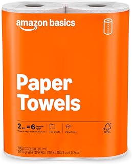Amazon Basics FSC-Certified 2-Ply Flex-Sheets Paper Towels, 150 Sheets per Roll, 2 Basics Rolls = 6 Regular Rolls