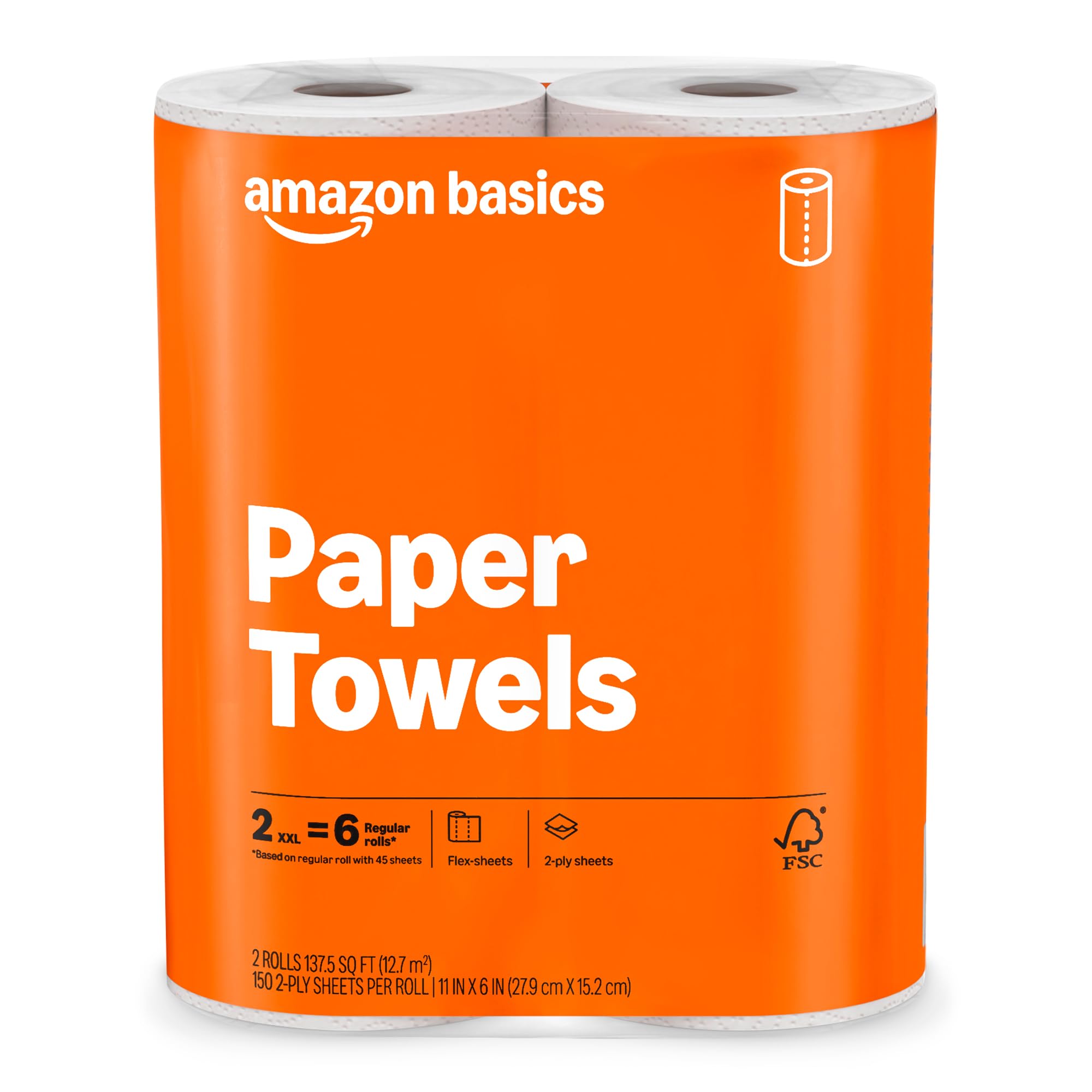 Amazon Basics FSC-Certified 2-Ply Flex-Sheets Paper Towels, 150 Sheets per Roll,