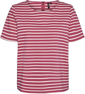 VERO MODA Women's Striped Round Neck Zip Top - Stretch T-Shirt