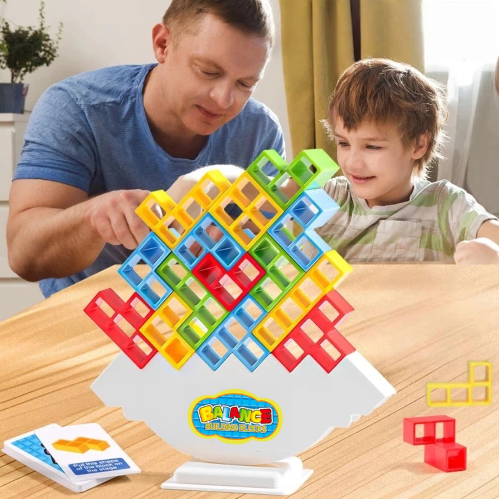 64 PCS Tower Stacking Balance Game with 22 Challenge Cards, Tetra Tower Tumble X