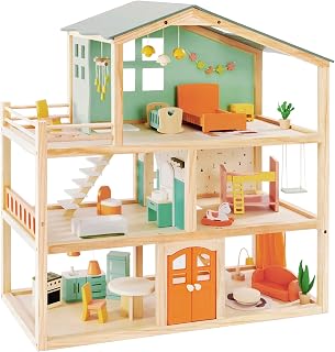 Giant bean Large Wooden Dollhouse for Girls with 32Pcs Furniture | 3-Story Doll House 5 Rooms Balcony Wooden Stairs,Ideal Dollhouse Playset Toy for Kids 3+, 30" x 28" x 13"