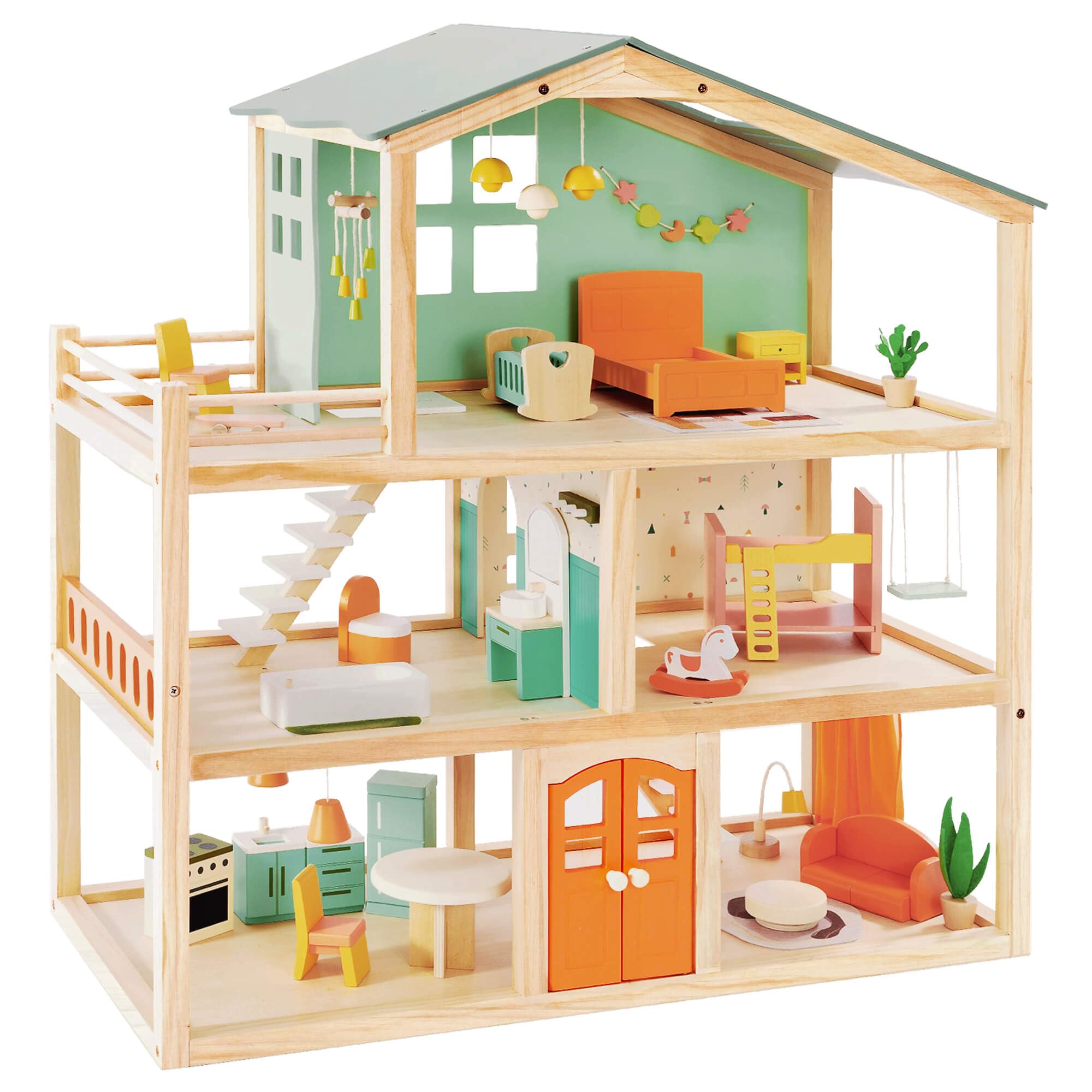 Giant bean Large Wooden Dollhouse for Girls with 32Pcs Furniture | 3-Story Doll 