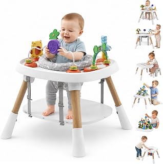 Baby Activity Center, 6-in-1 Stationary Standing Table for Baby 6-36 Month | Standing Bounce Play Center, 5 Montessori Toys, Height Adjustable, 360 Rotating Washable Seat, Study Table, ASTM Tested