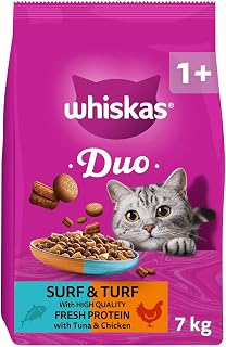 WHISKAS DUO Adult Dry Cat Food 7kg Surf & Turf | Easily digestible protein, B vitamins, balanced minerals, Vitamin E and Taurine, no added artificial colours or preservatives