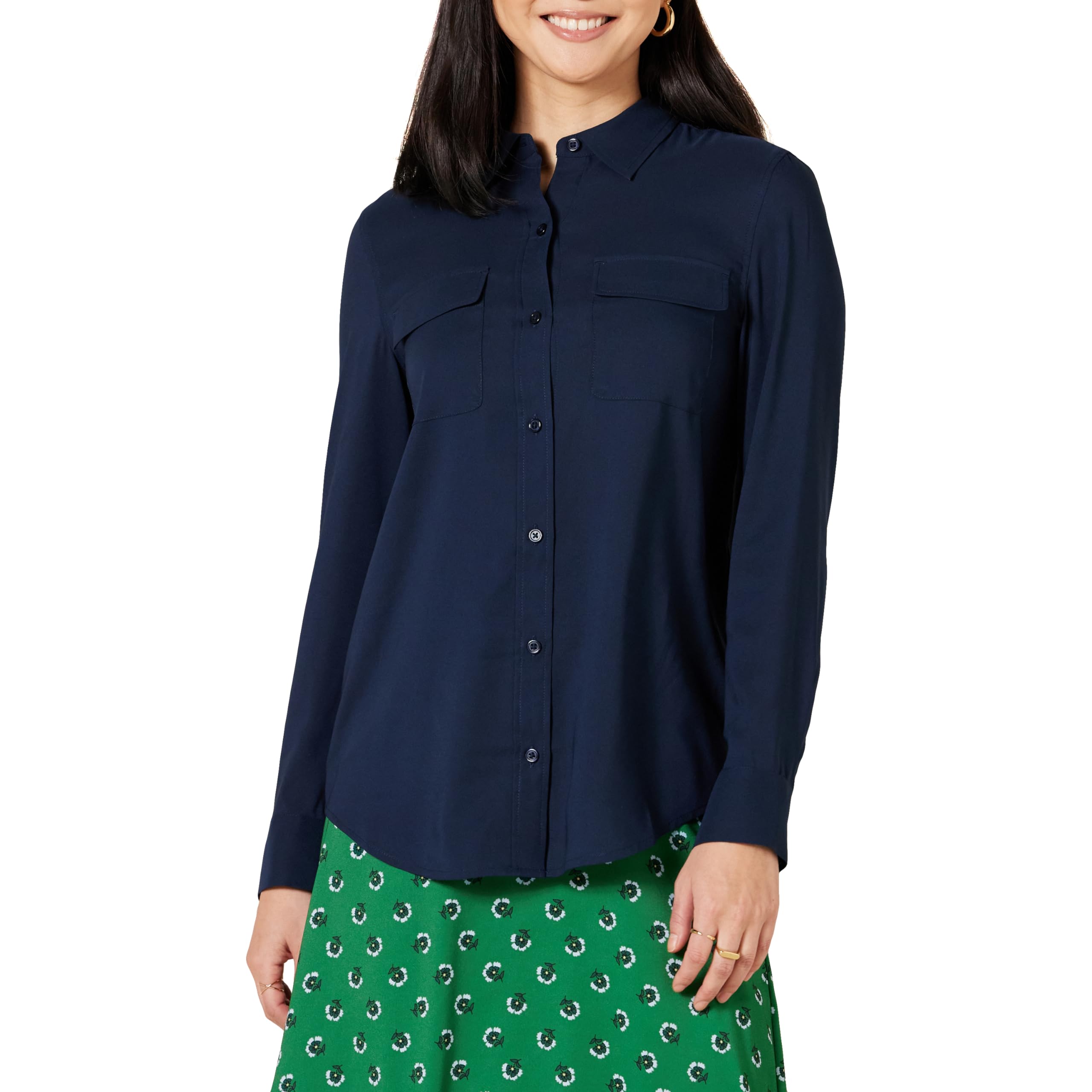 Amazon Essentials Women's Relaxed Fit Long Sleeve Pocket Georgette Textile Shirt