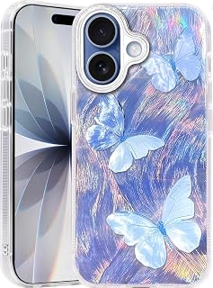 Compatible with iPhone 17 Case,with [Shockproof Protective][Camera Protection] Cute Butterfly Aesthetic Phone Cover Anti-Yellowing Soft Slim Cover for Women Girl-Blue