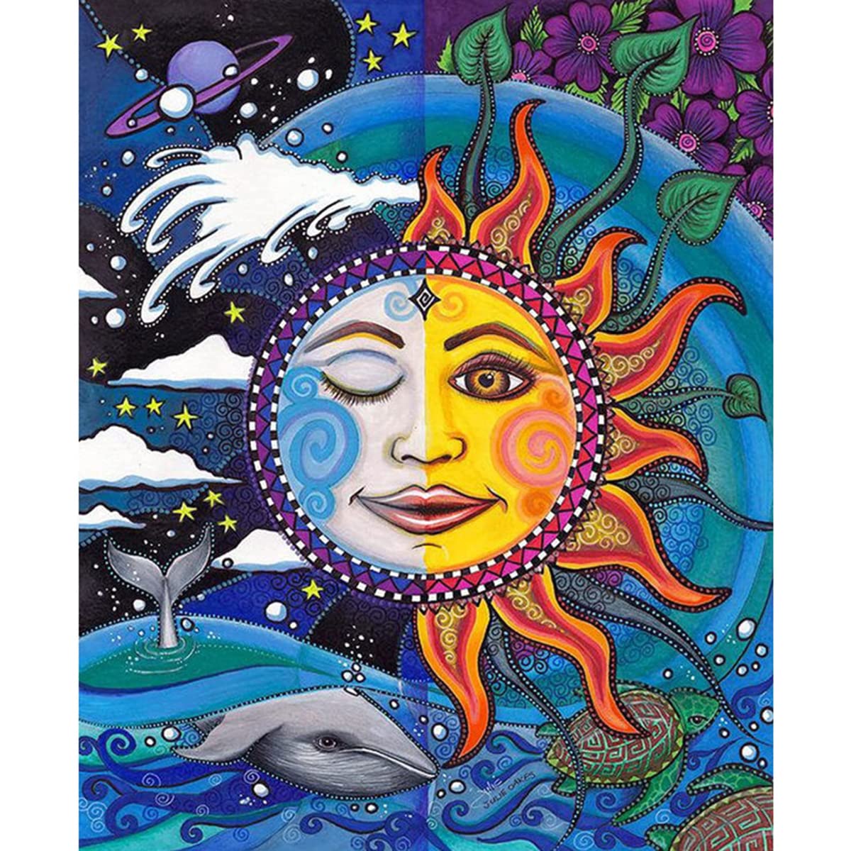 EastyGold Diamond Painting 5D DIY Art Sun Moon Face Gods Round Diamond Painting 