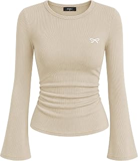ZESICA Ribbed Bell Long Sleeve Ruched Fitted Tops for Women 2026 Fall