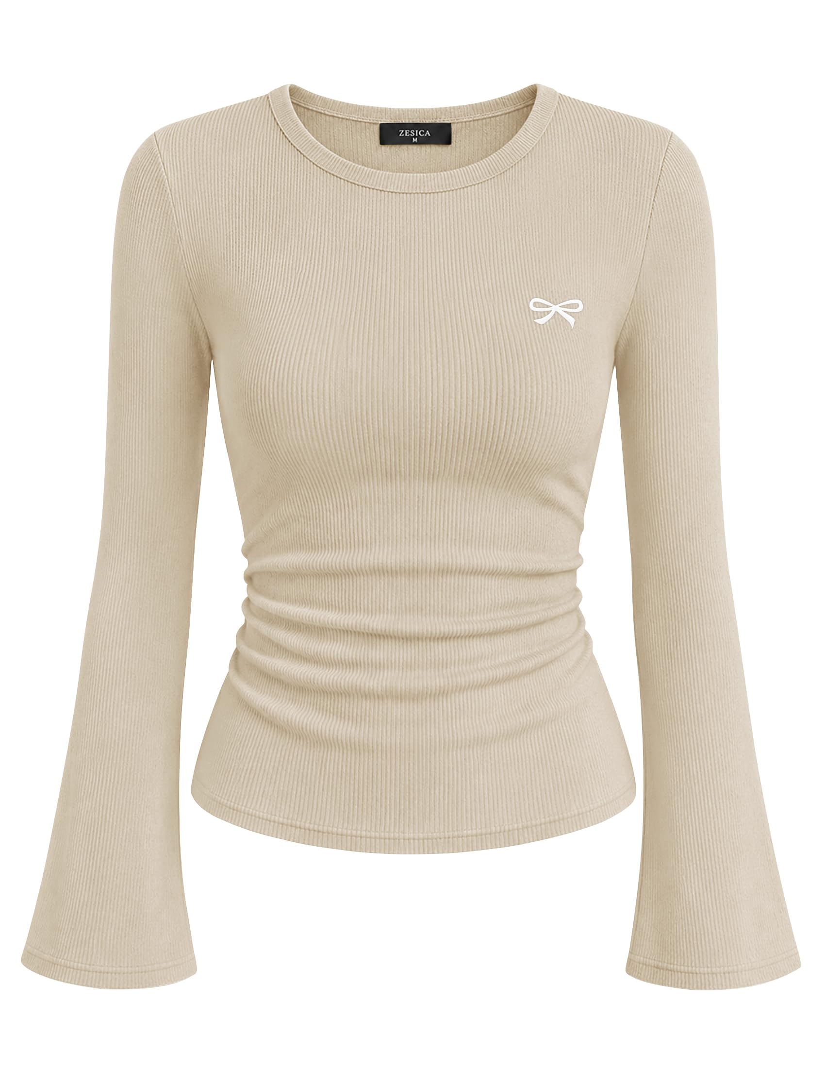 ZESICA Ribbed Bell Long Sleeve Ruched Fitted Tops for Women 2026 Fall