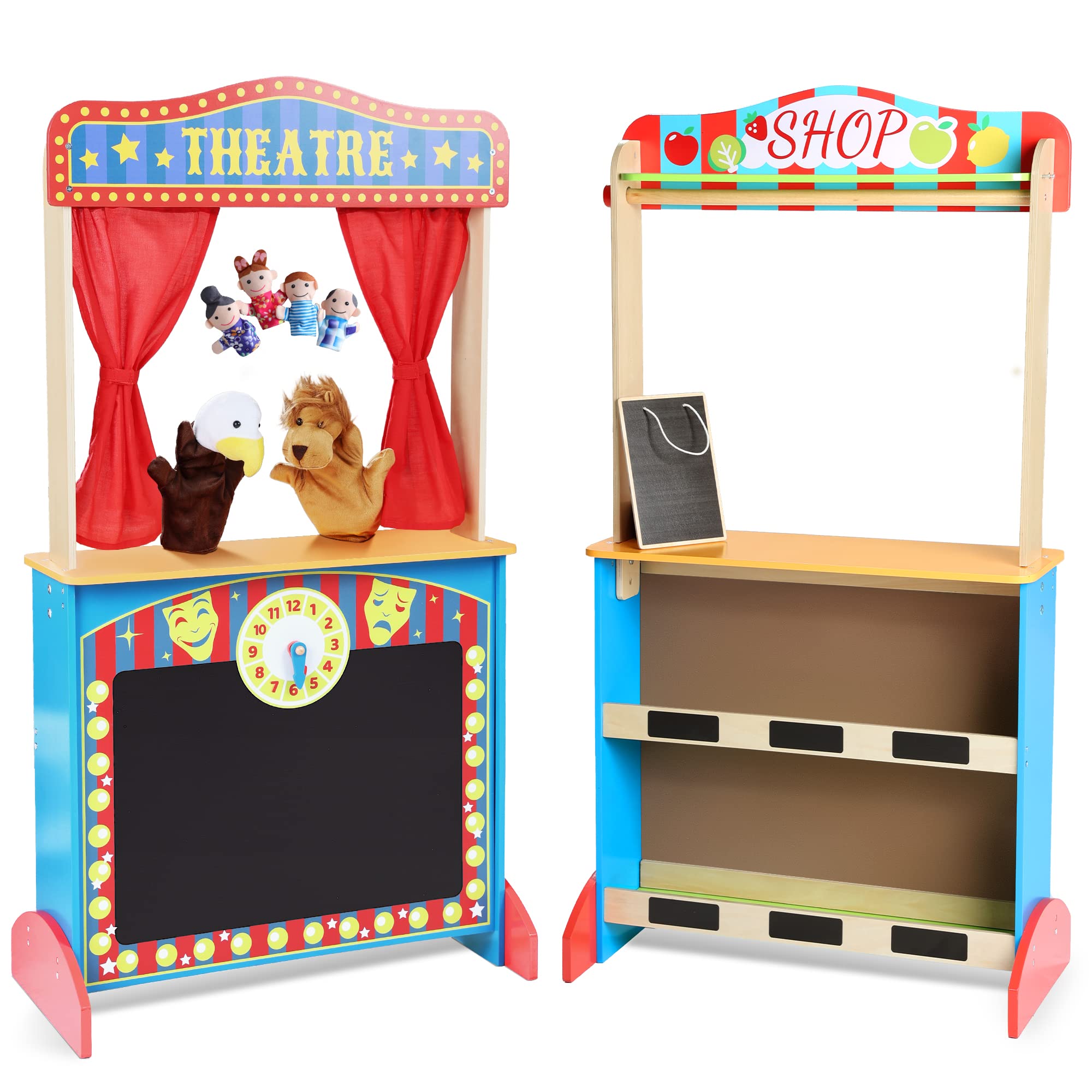 Wooden Puppet Theater for Kids, Double-Sided Play Store with Curtains | Curtains
