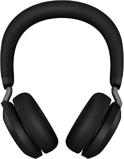 Jabra Evolve2 75-Auriculares Estéreo Inalámbricos con Estación de Carga, 8 Micrófonos, Doble Espuma, Cancelación de Ruido Activa-Adaptador Bluetooth USB-C-Compatibilidad con CU-Negro