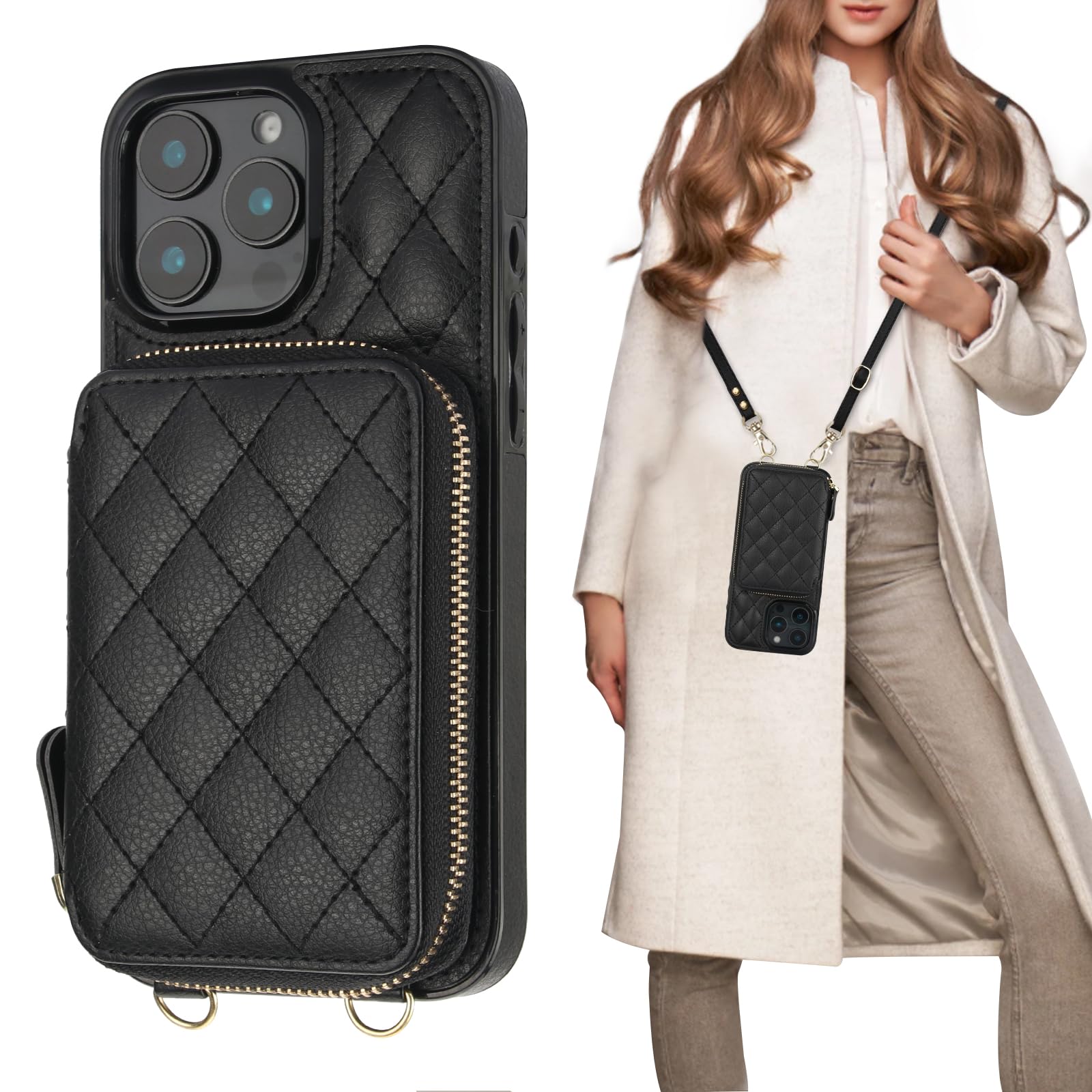 Bocasal Crossbody Wallet Case Card Holder for iPhone 16 Pro Max Black | RFID Blo