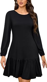 Women's Fashionable Long-Sleeved Loose-Fitting Mini Dress Crew Neck with Backless Bow Tie Flowing Ruffled Hem Dress