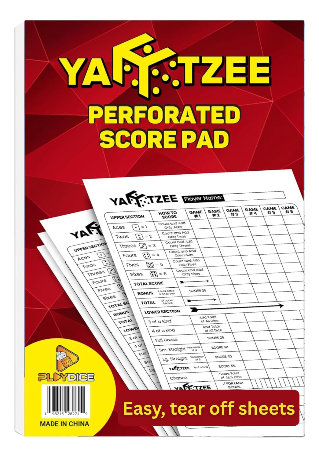 PlayDice Perforated Yahtzee Score Pads: 120 Easy Tear Off Score Sheets, Large Pr