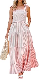 R.Vivimos Women's Summer Cotton Adjustable Straps Boho Stripe Casual Flowy A Line Midi Dress with Pockets