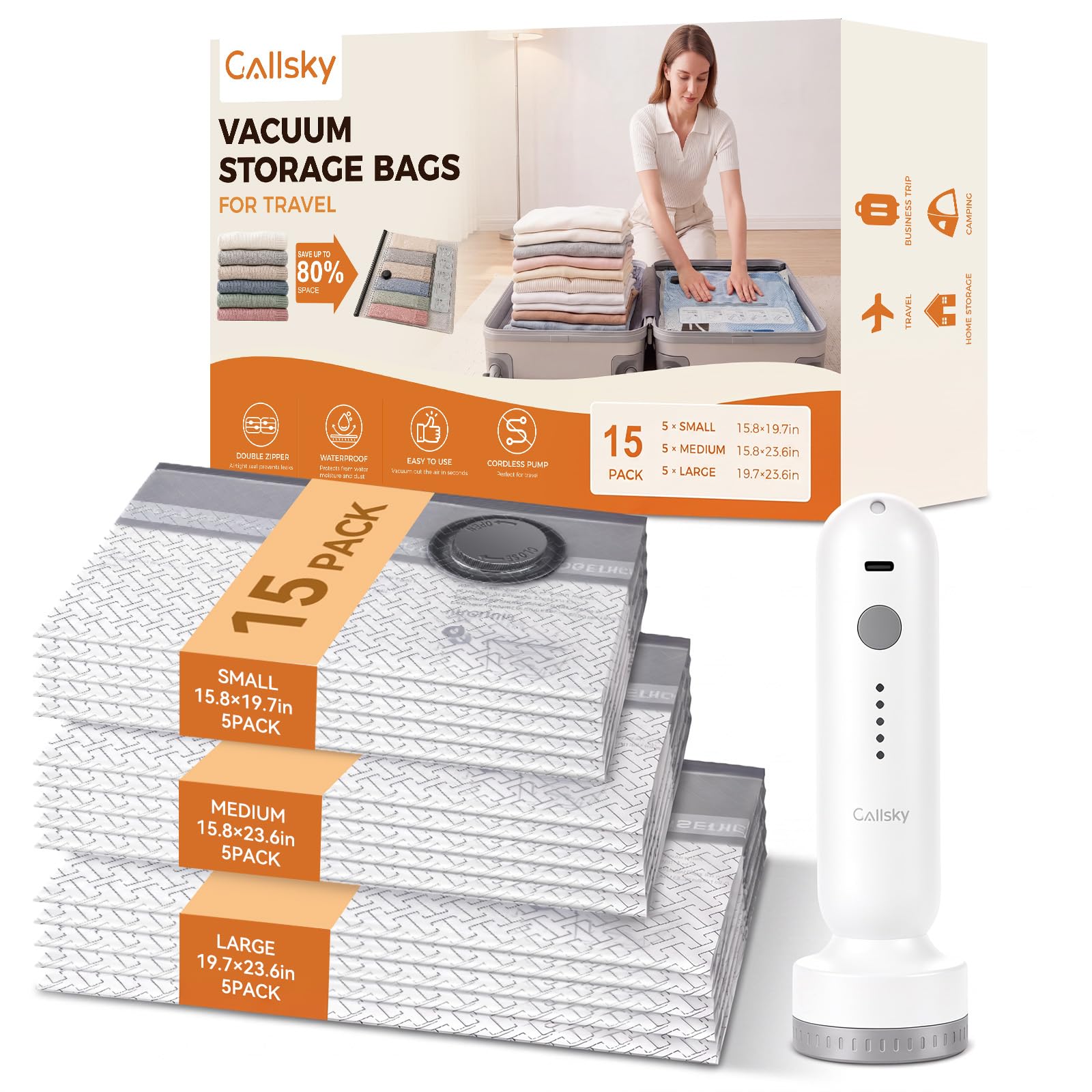 15 Pack Vacuum Storage Bags for Travel with Cordless Electric Pump