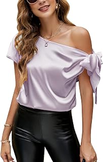 VIDUSSA Women's Blouse Elegant Summer Off Shoulder Short Sleeve Casual Tops Silky Satin Shirts