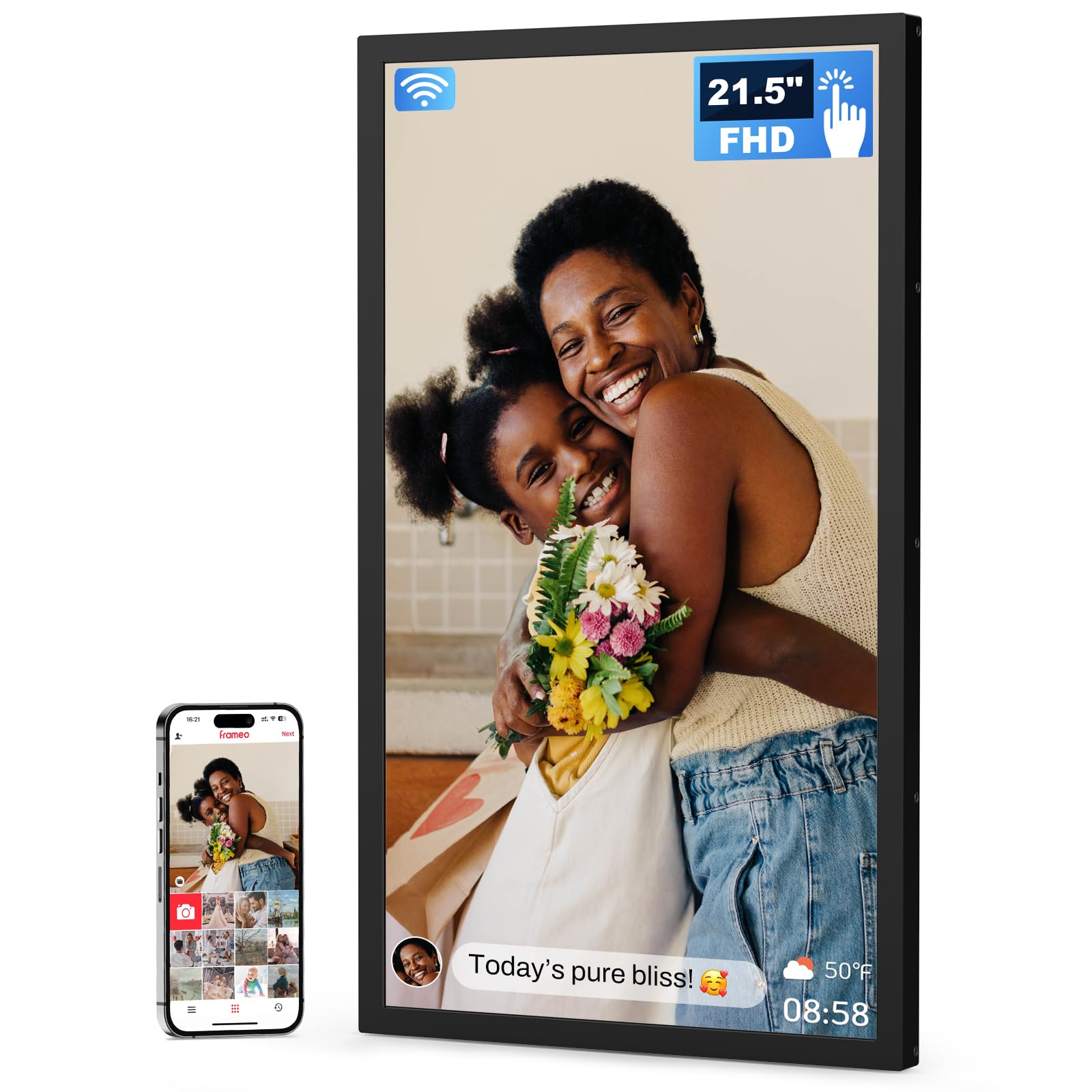FRAMEO 21.5" Digital Picture Frame, Touchscreen Large Display, 64GB | 1920x1080 