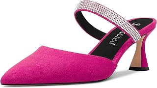 Saekcted Women's Chunky Block Medium Heel Pointed Toe Pumps Slip-on Diamante Crystal Casual Cute Slippers Fashion Shoes