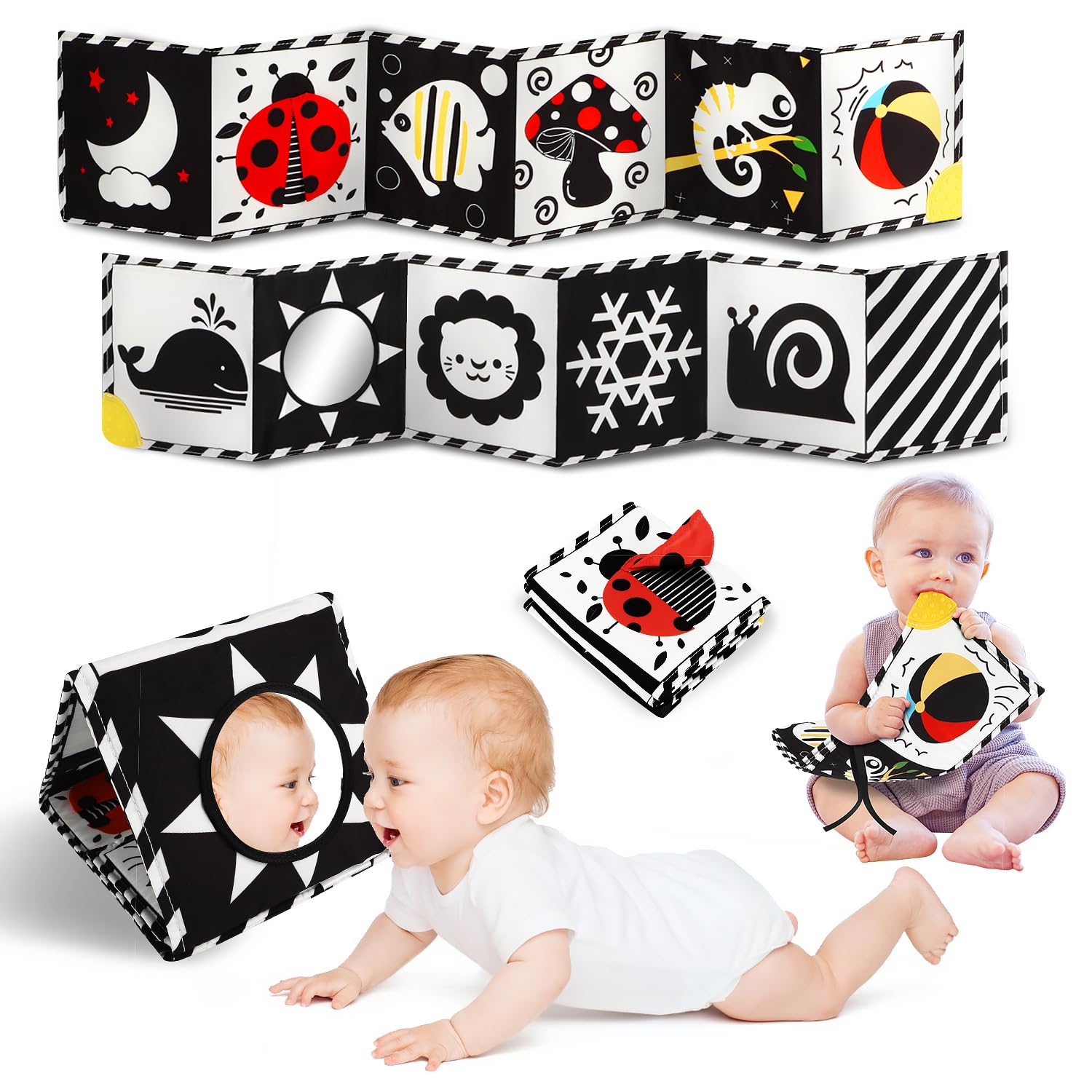 Tummy Time Toys, High Contrast Baby Book with Mirror & Teether for Newborn | Bla