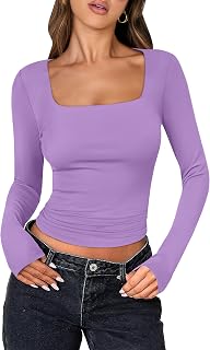 ANRABESS Women Double Lined Long Sleeve Crop Tops Shirts Square Neck Tight Fitted Going Out T-Shirt Basic Tee Outfits 2026