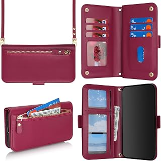 for iPhone 13 iPhone 14 Wallet Case for Women,for iPhone 14 Case with Strap Crossbody Lanyard,PU Leather Shockproof Card Holder Stand Zipper Pocket Flip Phone Case-Dark red