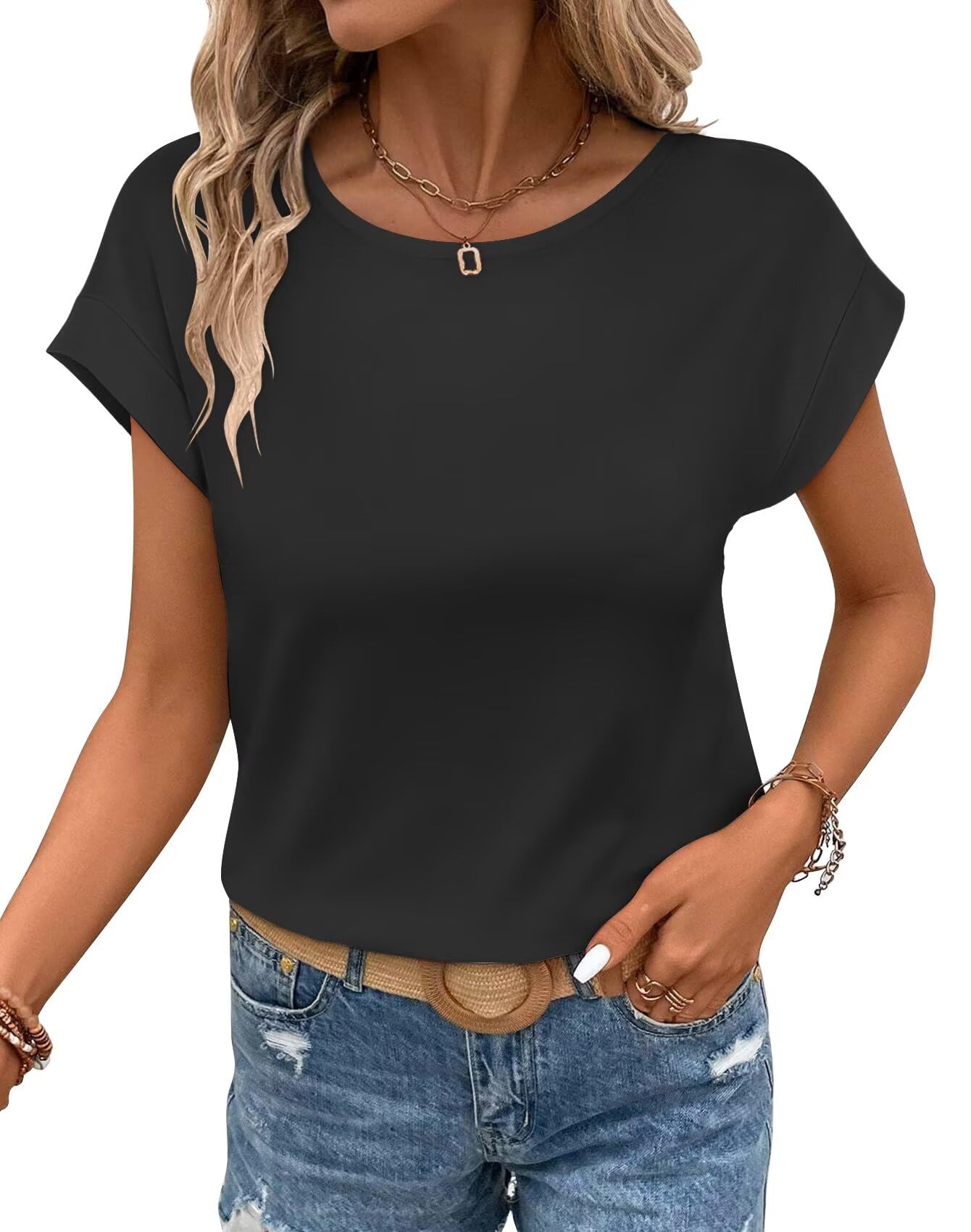 Bliwov レディース Tシャツ キャップ スリーブ トップス クルーネック カジュアル ベーシック サマーTシャツ