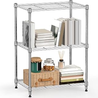 M MZG Metal Shelving Unit with 3 Levels, Load Capacity 204 kg, Adjustable Shelves for Kitchen, Bathroom, Pantry and Office, Study, Chrome, 30 x 45 x 67 cm