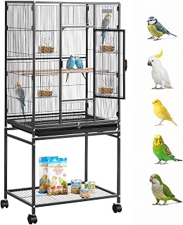 VEVOR Bird Cage, 24.6 x 16.7 x 53.9 inch, Flat Top, Wrought Iron Bird Flight Cage with Perches, Slide-Out Tray and Plastic Feeders, Casters, for Parrot, Blue Tit, Cockatiel, Canary, Budgerigar, Conure