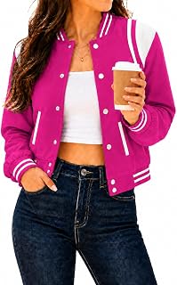 Womens Bomber Varsity Jacket Casual Long Sleeve Letterman Shacket Button Down Cropped Baseball Outerwear