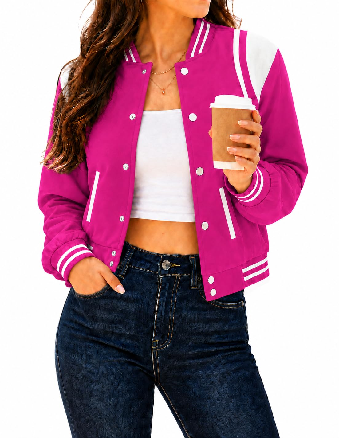 Womens Bomber Varsity Jacket Casual Long Sleeve Letterman Shacket Button Down Cr