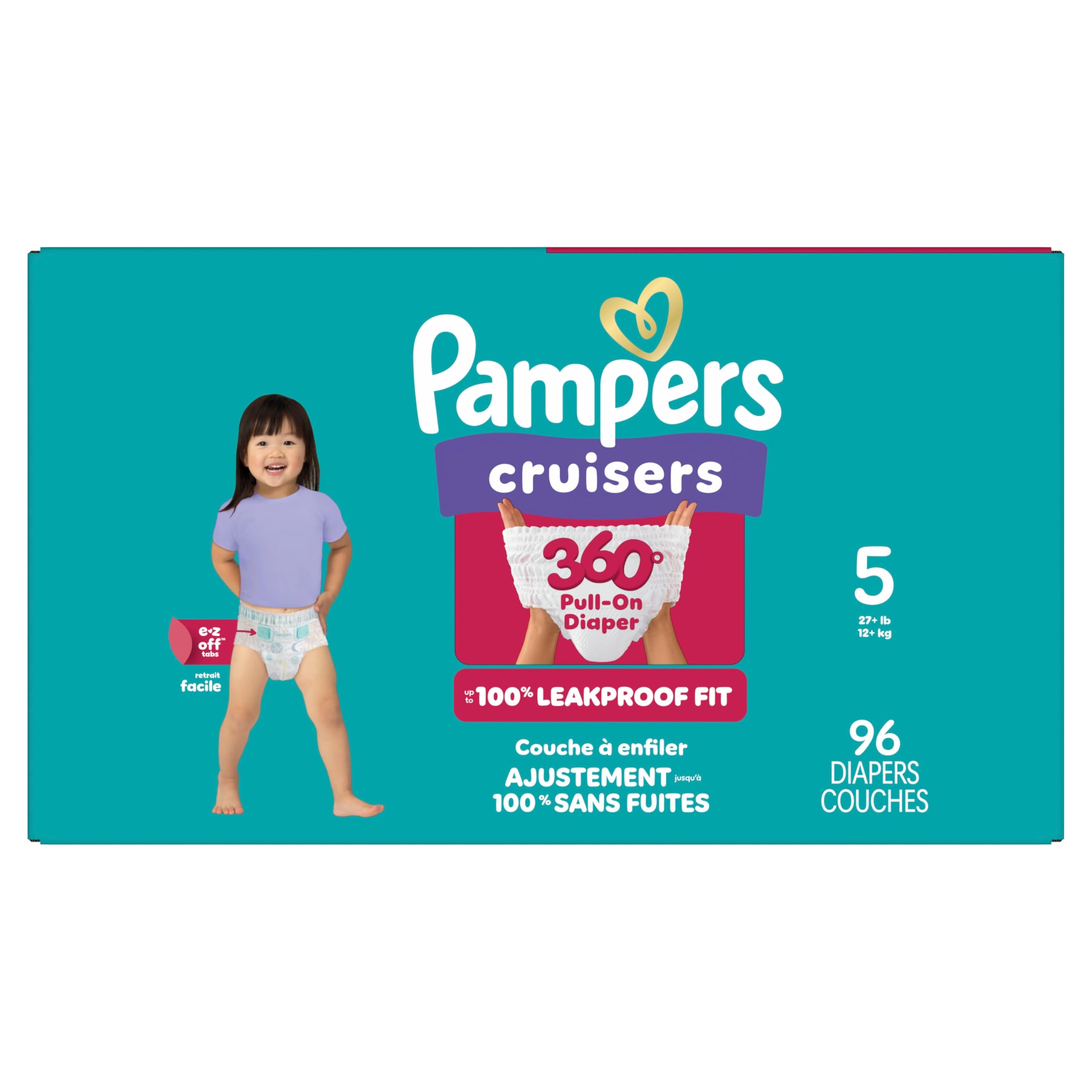 Pampers Diapers - Cruisers 360 degrees - Size 5, 96 Count, up to 100% Leakproof 