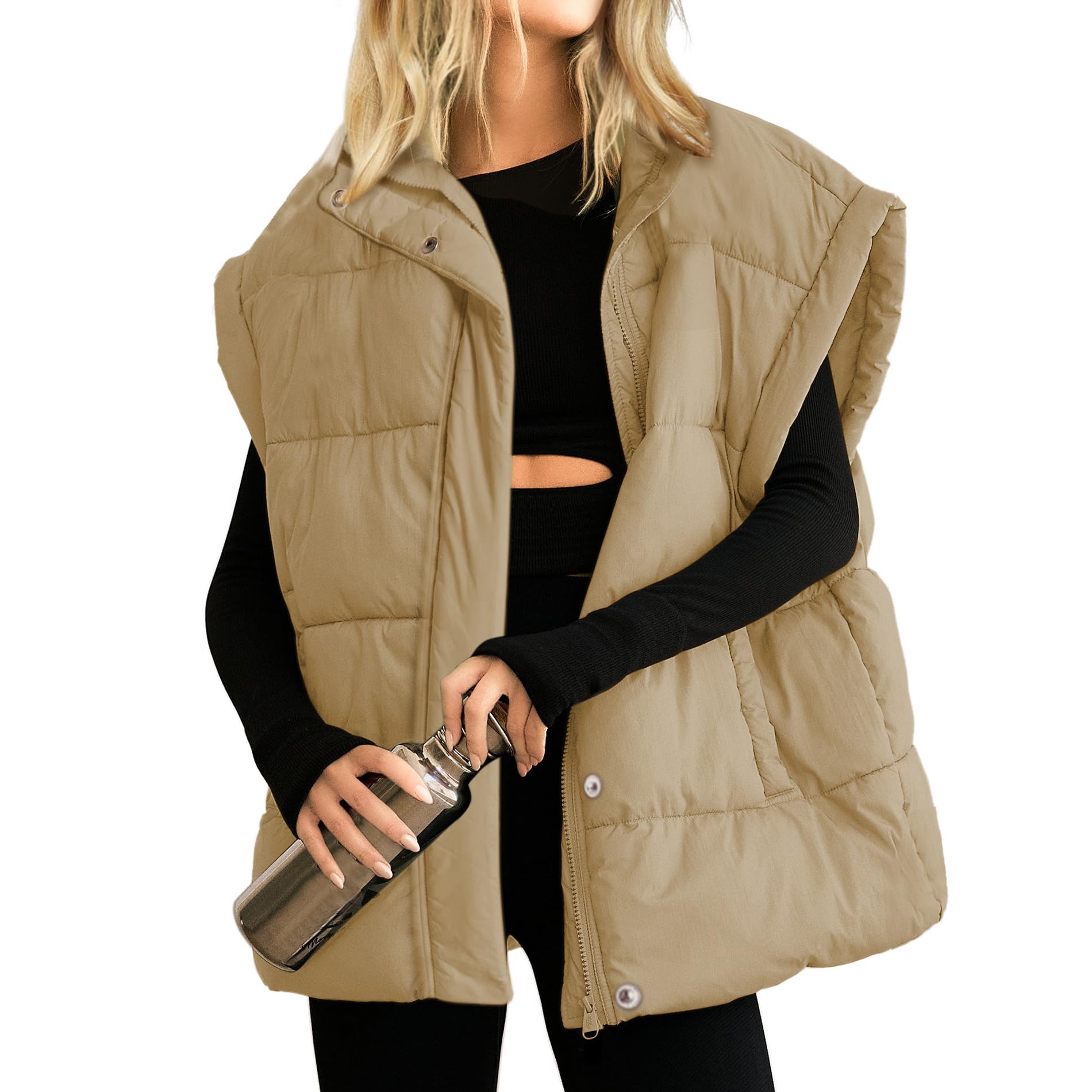 Songling Womens Oversized Puffer Vest Stand Collar Full Zip Sleeveless Bubble Pu