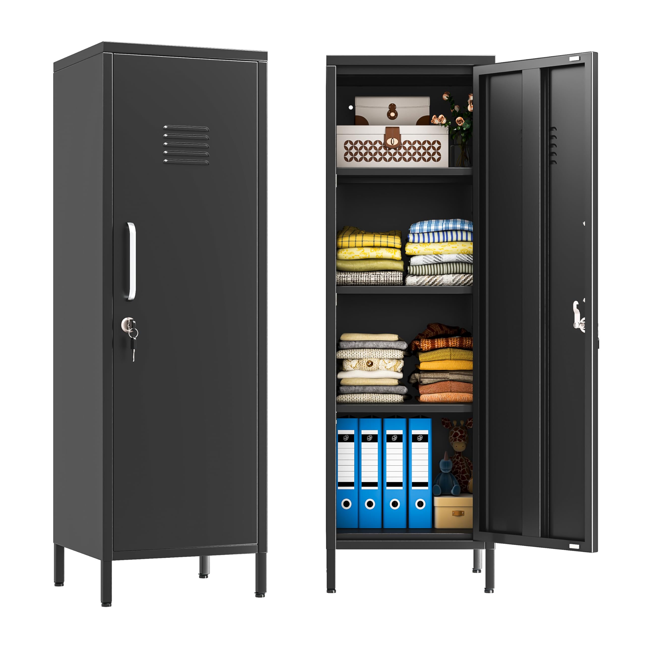 Black Metal Locker Cabinet, 47" H Home Office Storage Lockers, Vertical Steel St