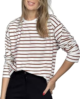 Women's Classic Loose Fit Cotton Stretch Striped Long Sleeve T-Shirt Crew Neck Tops Wearable All Year Round