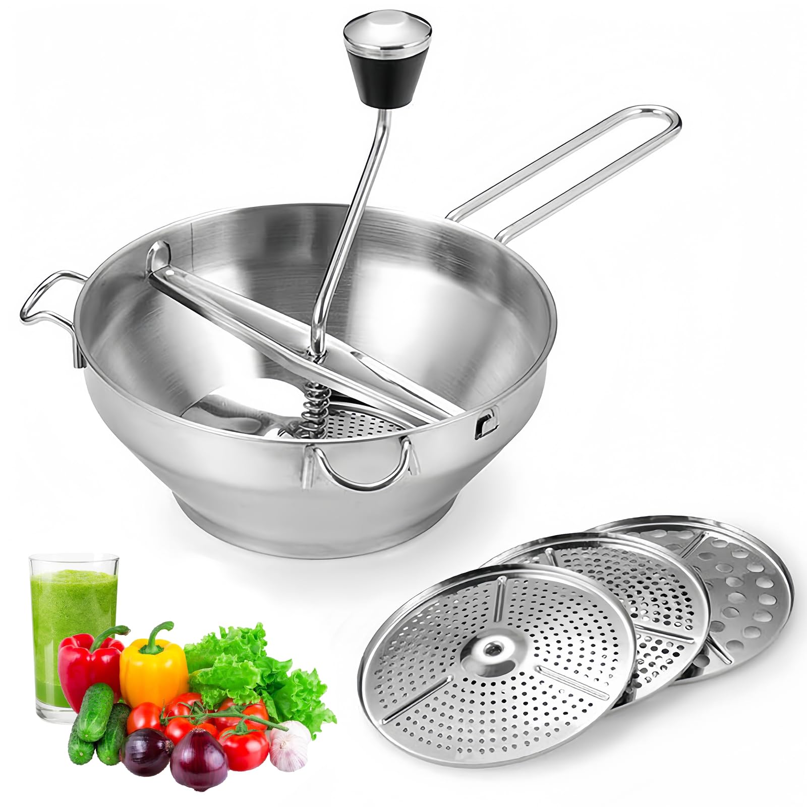 Stainless Steel Food Mill with 3 Milling Discs, Large Potato Press Strainer - 2L