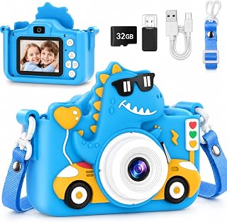 Kids Digital Camera, 1080P HD Video Camera for Toddlers with 32GB SD Card, Dinosaur Protective Case, Card Reader, Fun Selfie Toy Camera for Ages 3-12, Christmas/Birthday Gift for Boys & Girls