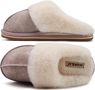 KuaiLu Womens Fluff Plush Memory Foam House Mule Slippers Cosy Arch Support