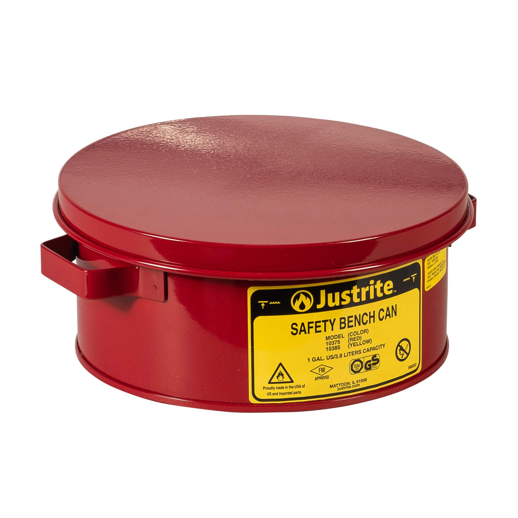Justrite 10375 1 Gallon Red Safety Bench Can | 4 1/2" H, 9 3/8" O.D, 7 1/2" Diam