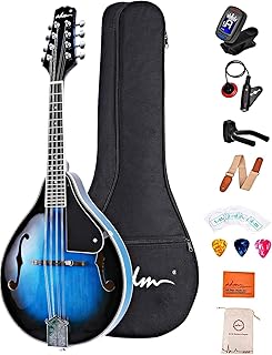 ADM Acoustic Mandolin Instrument Kit Music A Style for Kids Students Adults Wood Mandolins Beginner Set With Bag, Tuner, Pick-up, Strap, Strings, Picks and Hanger, Blue