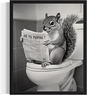 Squirrel On Toilet Wall Art Print Poster Home Decor Home Decor 9b Artwork (Squirrel On Toilet, 18x24 Inch, Black Frame)