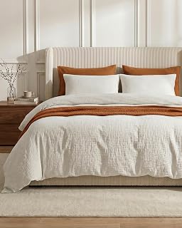 SE SOFTEXLY Set copripiumino in mussola per letto queen size, 100% cotone lavato, ultra morbido effetto lino, 3 pezzi copripiumino minimalista in garza con 2 federe, 228,6 x 228,6 cm, bianco sporco