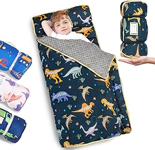 Primlect Toddler Nap Mat with Pillow, Thickened Extra Large Sleeping Bag | 55''x35'' Sleeping Mat with Blanket, Washable, Roll up, Perfect for Daycare, Preschool, Kindergarten, Boys, Dinosaur