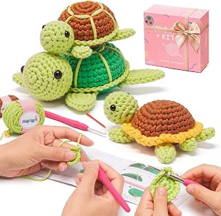 Mewaii Crochet Kit for Beginners, 3 Pack Sea Turtles Craft Set | 40% Extra Yarn, Video Tutorial, Pre-Started Piece, Beginner Friendly, Family Craft Gift for Adults &amp; Kids