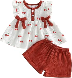 Amnnchya Toddler Girl Clothes Baby Summer Spring Outfits Cute Bow Button Smocked Ruffle Sleeve Tops ＋ Girls Shorts Set