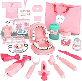 Dentist Play Set - Doctor Kit Pretend Play Toys for Girls Ages 3-5 | Montessori Toys with Teeth, Costumes, Bag and Dental Playset Medical Kits for Girls Kids 3 4 5 6 7 8 Pink