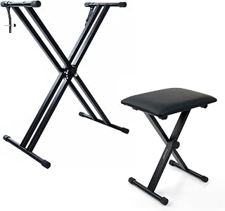 Crystals Foldable Electronic Keyboard Piano Stool and Stand Double/Single Braced X Frame Stand - Black (Double Braced Stand and Chair)
