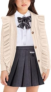 Arshiner Girls Cute Cardigan Ruffle Knit Long Sleeve Button V Neck Sweater School Uniform Outerwear for 4-13 Years Old