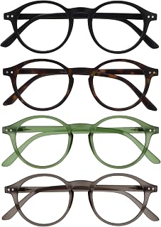 OPULIZE Rey Reading Glasses – Retro Round Frame – Men and Women – Spring Hinges, 4 Pack - Black / Brown Turtle / Green / Grey, One size
