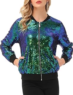 KANCY KOLE Chaqueta de lentejuelas para mujer, informal, manga larga, con cremallera frontal, para fiesta, con bolsillos, S-2XL - verde - XL